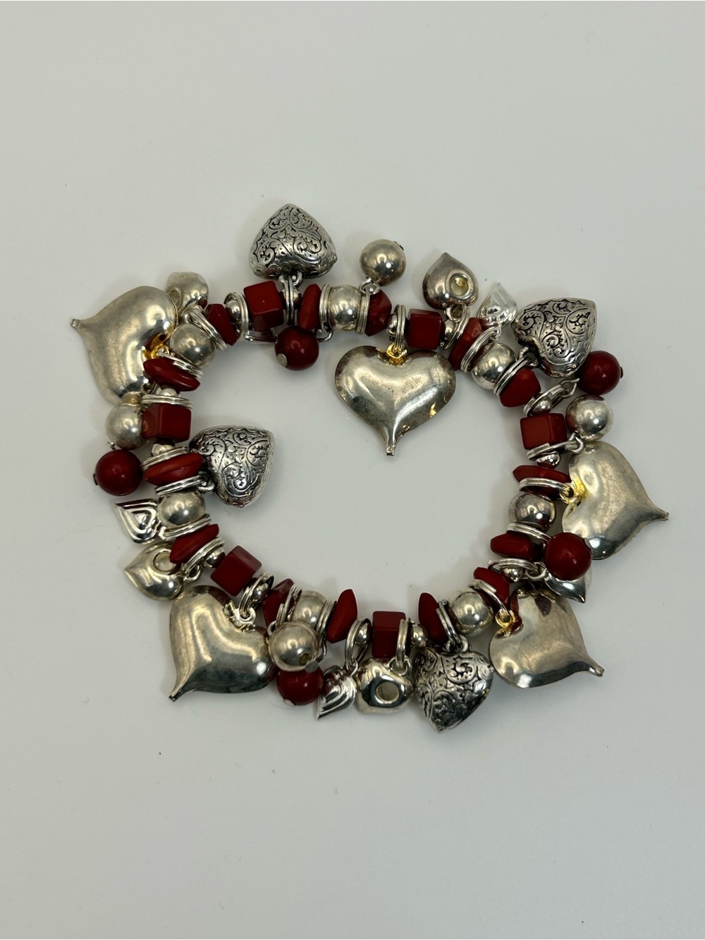 Vintage Bracelets Qty 2 Red & Silver Tone Beads & Charms Stretch Hinged Bangle - Picture 8 of 13